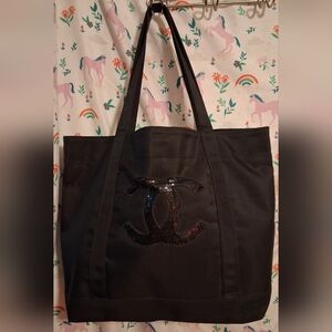 EUC Y2K CHANEL Precision VIP Black Canvas Sequin Casual Preppy Tote Purse Bag